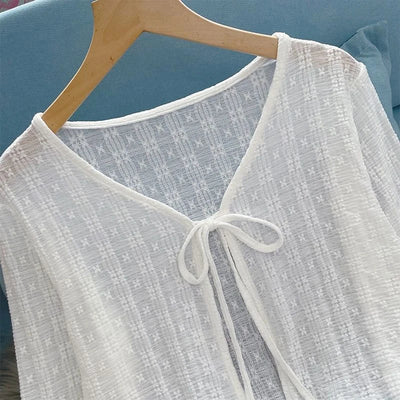 2024 White Tie Up Summer Cardigan Women Sexy Long Sleeve Sheer Mesh Crop Tops Woman Chic All Match Short Printed T Shirt Mujer - Smarsty