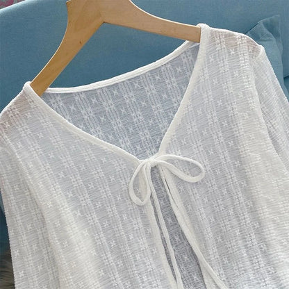 2024 White Tie Up Summer Cardigan Women Sexy Long Sleeve Sheer Mesh Crop Tops Woman Chic All Match Short Printed T Shirt Mujer