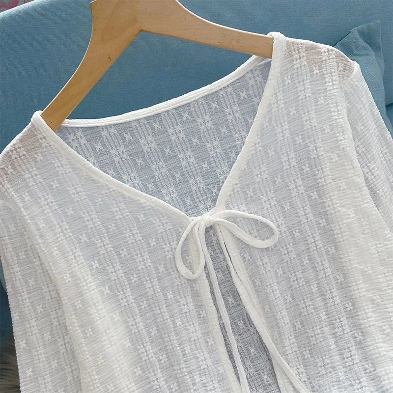 2024 White Tie Up Summer Cardigan Women Sexy Long Sleeve Sheer Mesh Crop Tops Woman Chic All Match Short Printed T Shirt Mujer