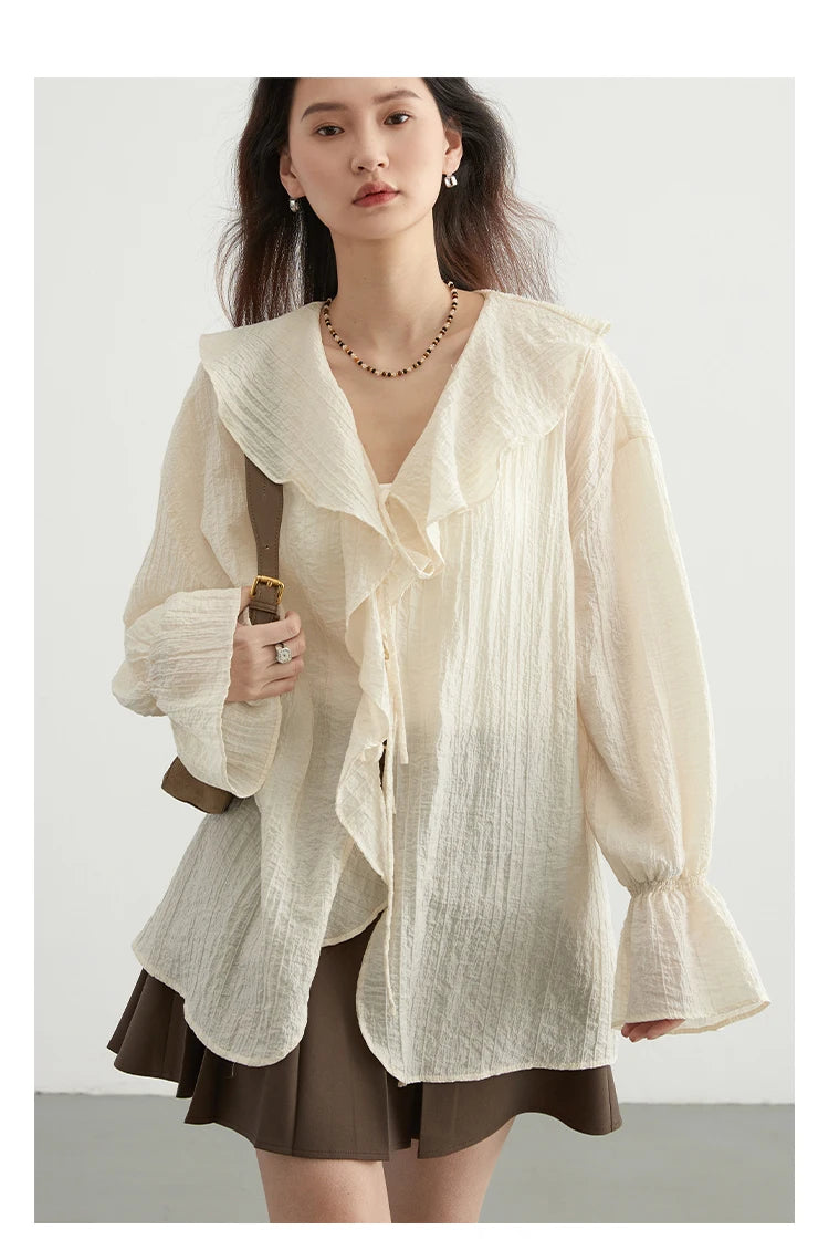 CHIC VEN Women Shirt Loose Casual Ruffled Edges Female Blouses V Neck Lace Up Mid Length Woman Shirts Spring Summer 2024 - Smarsty