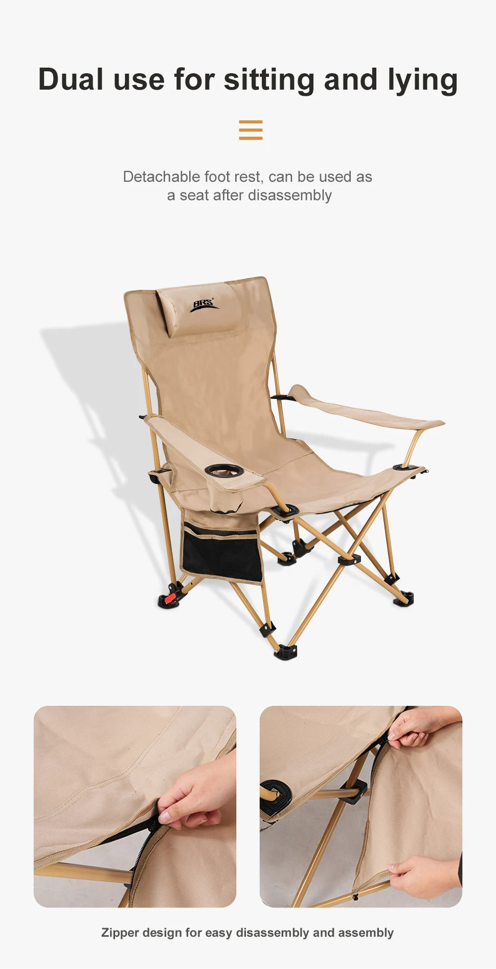 WESTTUNE 2-in-1 Reclining Camping Chair Lightweight Folding Camping Lounge Chair with Adjustable Backrest & Footrest for Beach