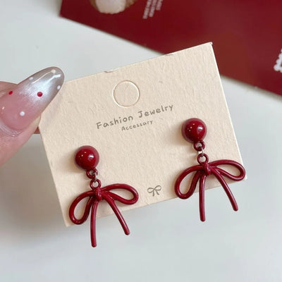 Retro Red Bow Stud Earrings For Women Elegant Lightweight - Smarsty