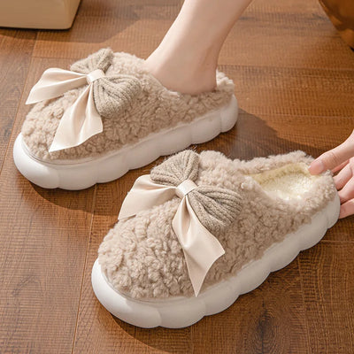 Winter Warm Fur Slippers for Women Cute bow House Non Slip Soft Shoes Comfort Flat Heel Home Indoor Bedroom Plush Slippers - Smarsty
