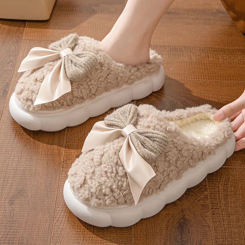Winter Warm Fur Slippers for Women Cute bow House Non Slip Soft Shoes Comfort Flat Heel Home Indoor Bedroom Plush Slippers - Smarsty