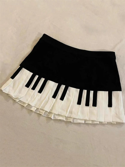 Spring Black White Spliced Women Short Skirt 2025 Y2k Slim Design Harajuku Mini Skirt Female Empire Korea Style Chic Piano Skirt - Smarsty