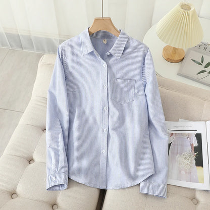 Casual Cotton Women's Oxford Shirt 2024 Autumn New Good Quality Woman Blouse and Tops Lady White Blue Striped Shirts Clothes - Smarsty