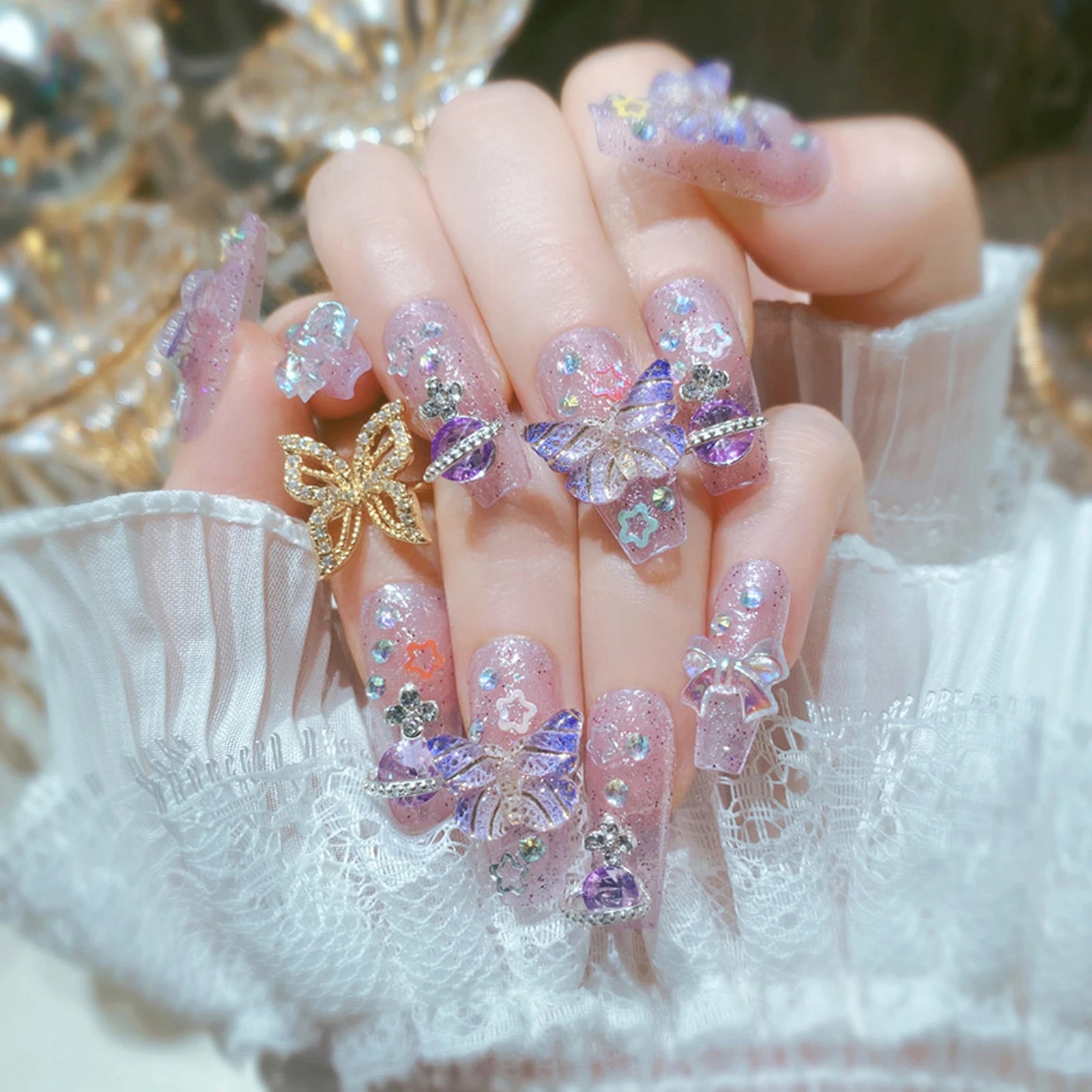 24pcs Pink Crystal Bow Press On Nails for Girls - Smarsty