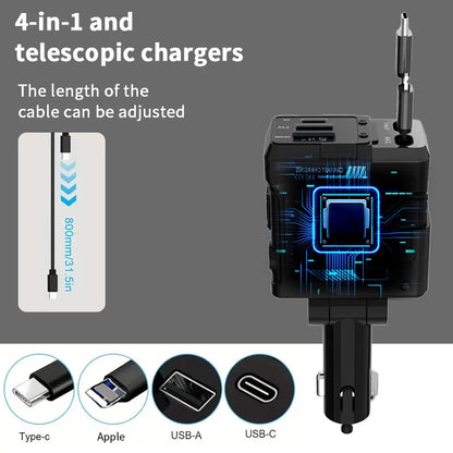The new 120w4-in-1 retractable car fast charger, adapter, USB is suitable for all models of Apple, Samsung, Huawei, and Android