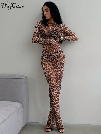 Hugcitar Leopard Print Mesh Long Sleeve Sexy Slim  See Through Maxi Dress Fall Women Fashion Outfits Beach Vacation Club - Smarsty