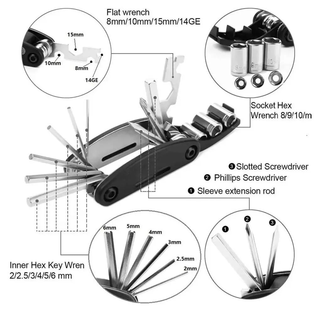 16 in 1 Portable Bicycle Repair Tools Kit Hex Wrench Nut Tire Screwdriver Motorcycle Bicycle Repair Tools - Smarsty