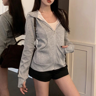 Gray Zipper Hooded Sweatshirt Women 2025 New Korean Slim Fit Cardigan Long Sleeve Coat Woman Solid Pockets Sports Hoodies Jacket - Smarsty