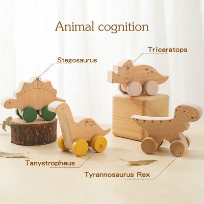 Wooden Baby Car Toys Beech Wooden Dinosaur Cartoon Car Teether Educational Montessori Toys For Children Teething Baby Toys