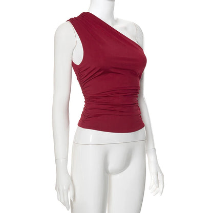 Solid Color One Shoulder Backless Shrink Tank Top T-Shirt Candy Color Tight Sexy Sleeveless Neckless Slim Casaul Top