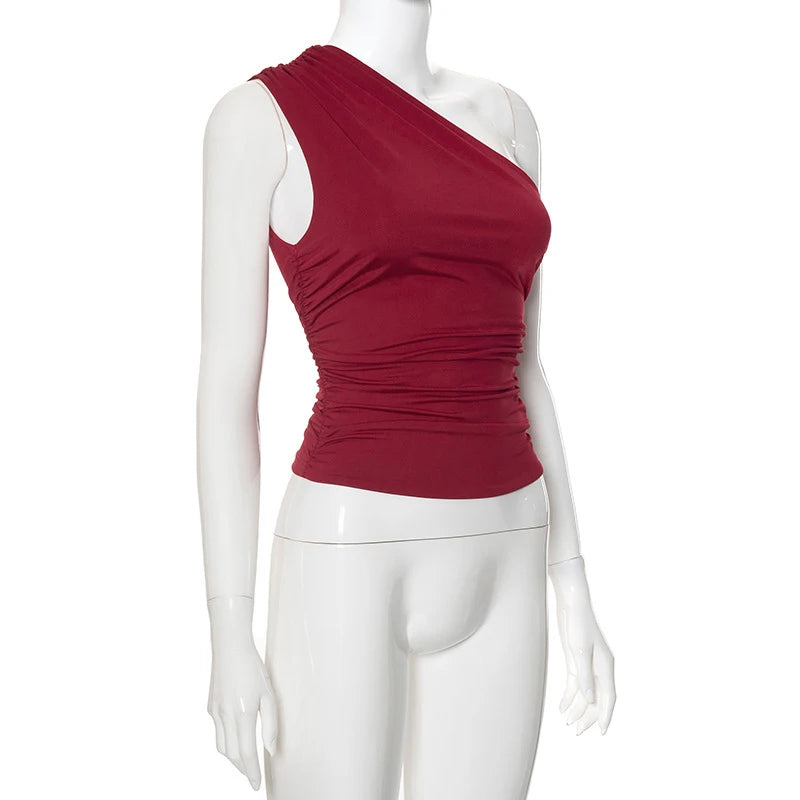 Solid Color One Shoulder Backless Shrink Tank Top T-Shirt Candy Color Tight Sexy Sleeveless Neckless Slim Casaul Top