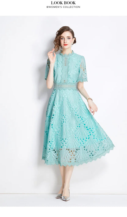 H Han Queen Spring New Elegant Casual Work Party Dresses Floral Crochet Hollow Out Lace Patchwork Casual Office Midi Dress - Smarsty