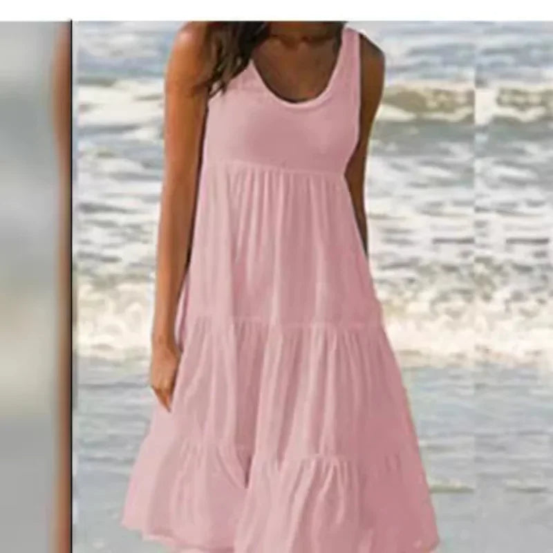 Bohemian Women's Casual O Neck Sleeveless Ruffle Mini Dress Solid Color Beach Tank Top Oversized Loose Dress Plus Size Women3029 - Smarsty