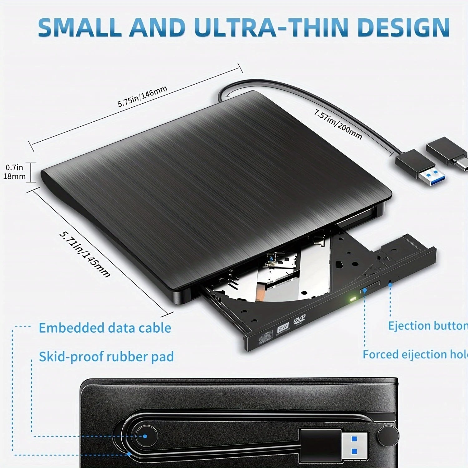 3.0 USB External DVD Drive - Portable CD/DVD +/-RW Burner Reader for Laptop, Windows, Linux - Perfect Plug and Play
