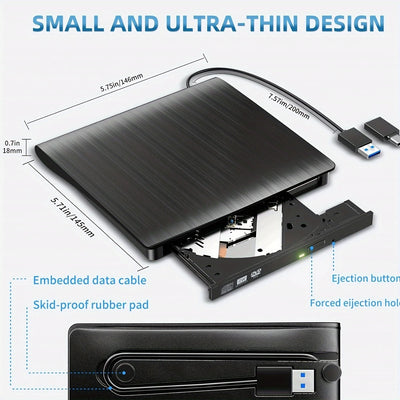 3.0 USB External DVD Drive - Portable CD/DVD +/-RW Burner Reader for Laptop, Windows, Linux - Perfect Plug and Play