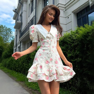 Tornova Print Puff Sleeves Ruffled Dress Women's V-Neck High Waist Pearl Buttons Mini Dress Female Casual Vacation Fashion Dress - Smarsty