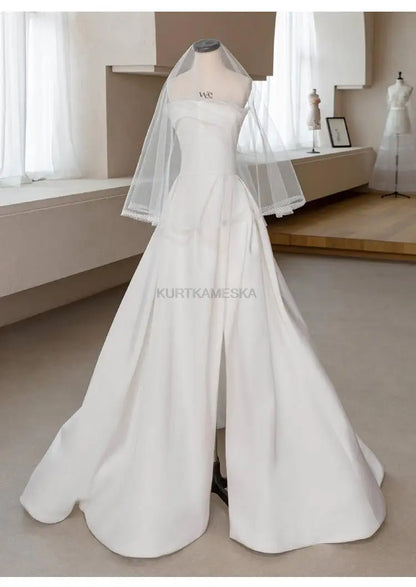 French Luxury White Satin Trailing Wedding Dresses for Bride 2025 Women Elegant Sexy Strapless Long Prom Party Dress vestidos