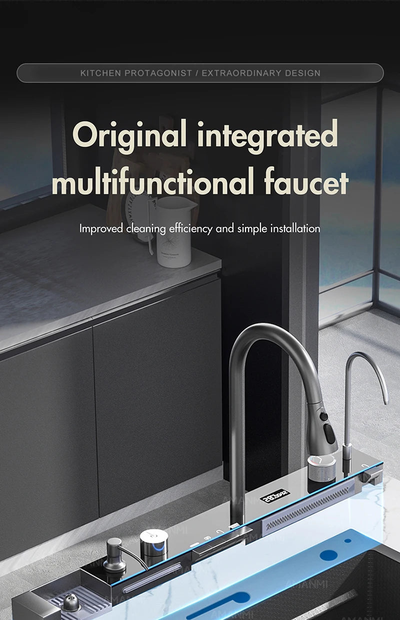 Large Stainless Steel Kitchen Sink with Digital Faucet Display - Smarsty