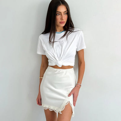 Linad Elegant Satin Embroidery Pencil Skirts Summer Sexy High Waist Split Mini Skirts For Women Fashion Slim Skirt Female 2025 - Smarsty