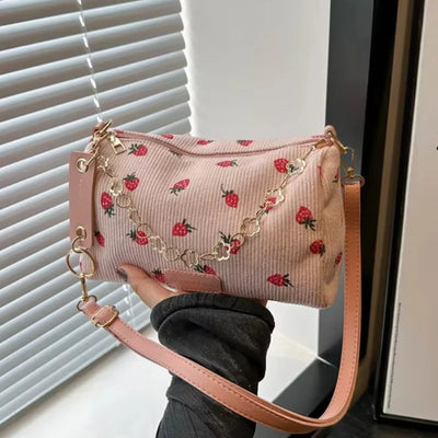 Corduroy Underarm Bag For Women Strawberry Print Mini Tote - Smarsty
