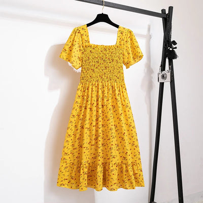 Spring Summer Chiffon Dress Women Midi DressesFemale Short Sleeve Elastic Waist Printed Floral Pleated Backless Casual Dress - Smarsty