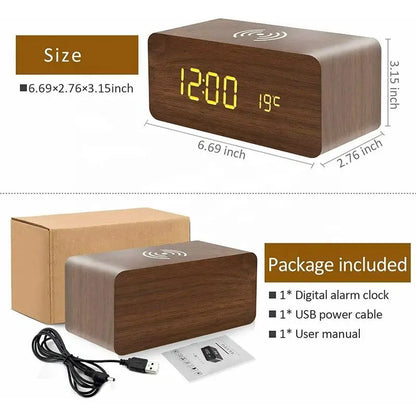 Wooden Digital Alarm Clock with Wireless Charging Feature - Smarsty