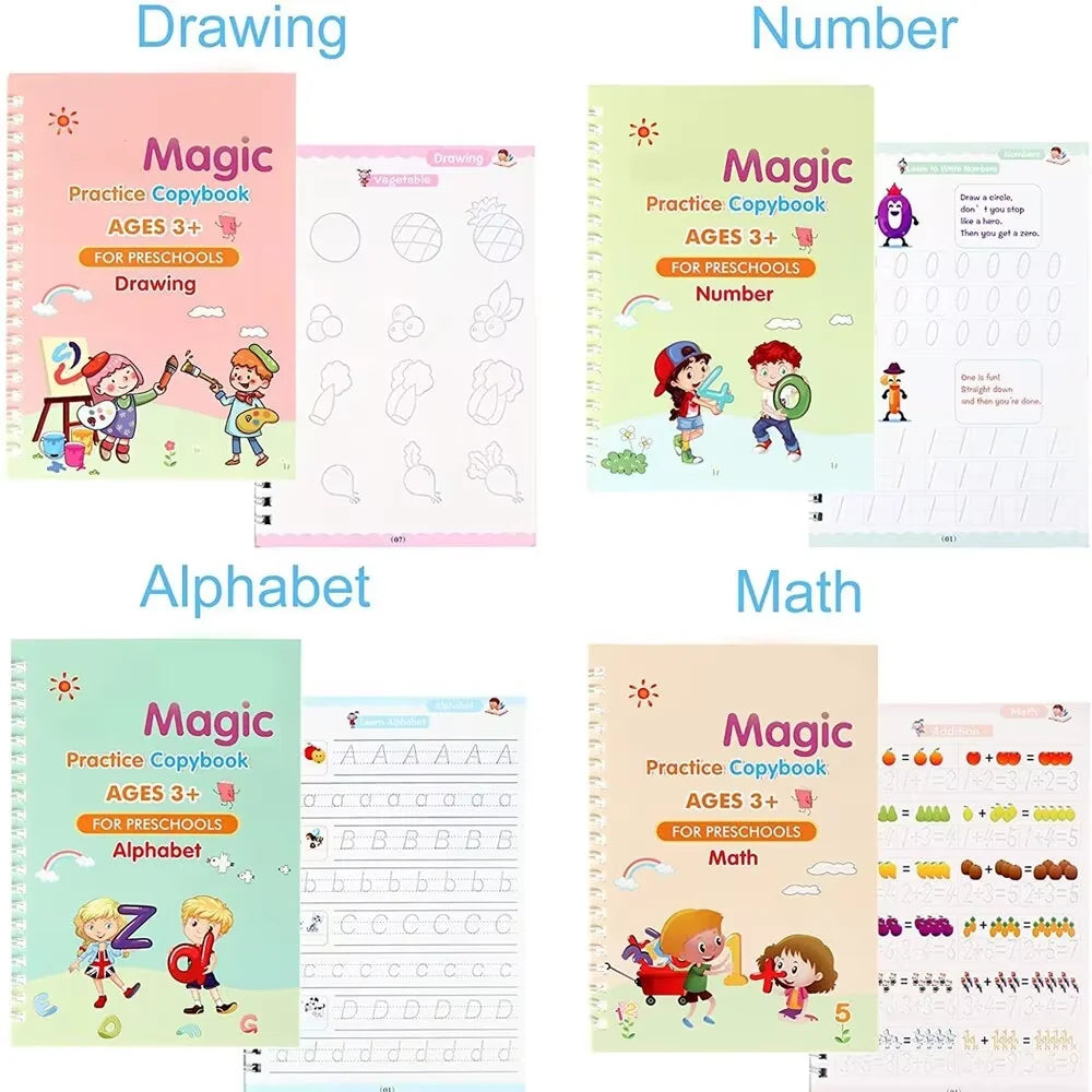 4 Books Pen Magic Writing Book Calligraphy Notebook Montessori Kids Reusable Educational Calligraphic Letter Practice Toy