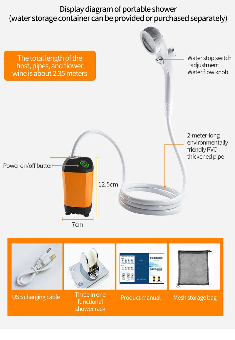 Portable Rechargeable Electric Shower Pump USB Powered Waterproof for Outdoor Camping Beach Hiking Pet Bath Car Wash
