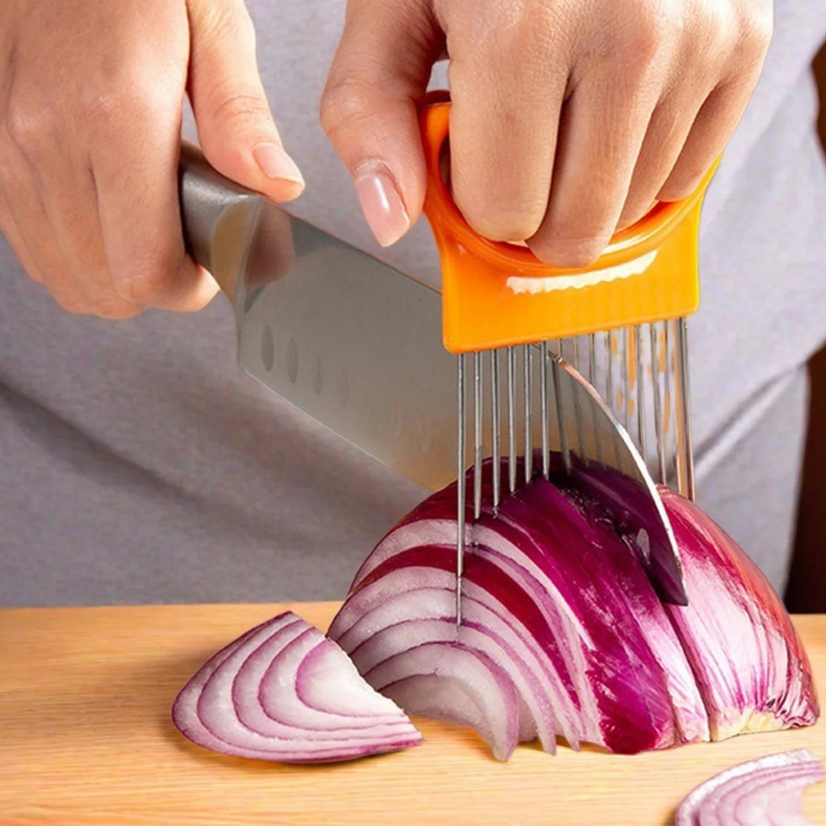 1PC-Stainless steel heart-shaped onion fork kitchen vegetable fruit clip potato needle slicing auxiliary tool
