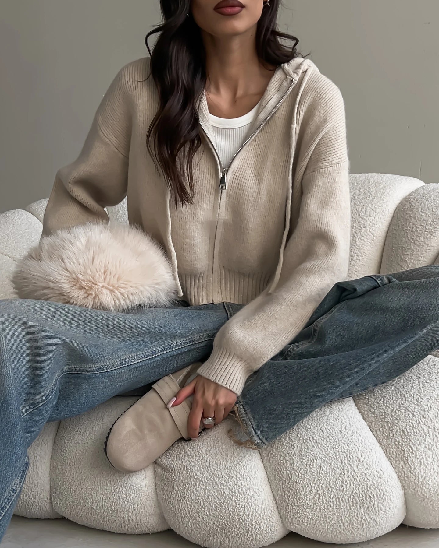 Autumn Knitted Women's Short Cardigan with Zipper Gray Winter Sweater Casual Cute Vintage White Cardigan for Women with Hood - Smarsty
