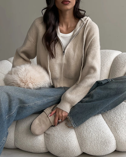 Autumn Knitted Women's Short Cardigan with Zipper Gray Winter Sweater Casual Cute Vintage White Cardigan for Women with Hood - Smarsty