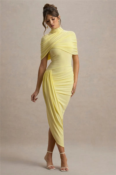 Mozision Half Sleeve Backless Ruched Sexy Maxi Dress Women Summer New Turtleneck Slim High Waist Evening Club Party Long Dress - Smarsty