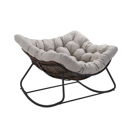 Outdoor Rocking Chair, Patio Wicker Egg Chair, Indoor Comfy Oversized Papasan Chair with Padded Cushion for Front Porch, Garden