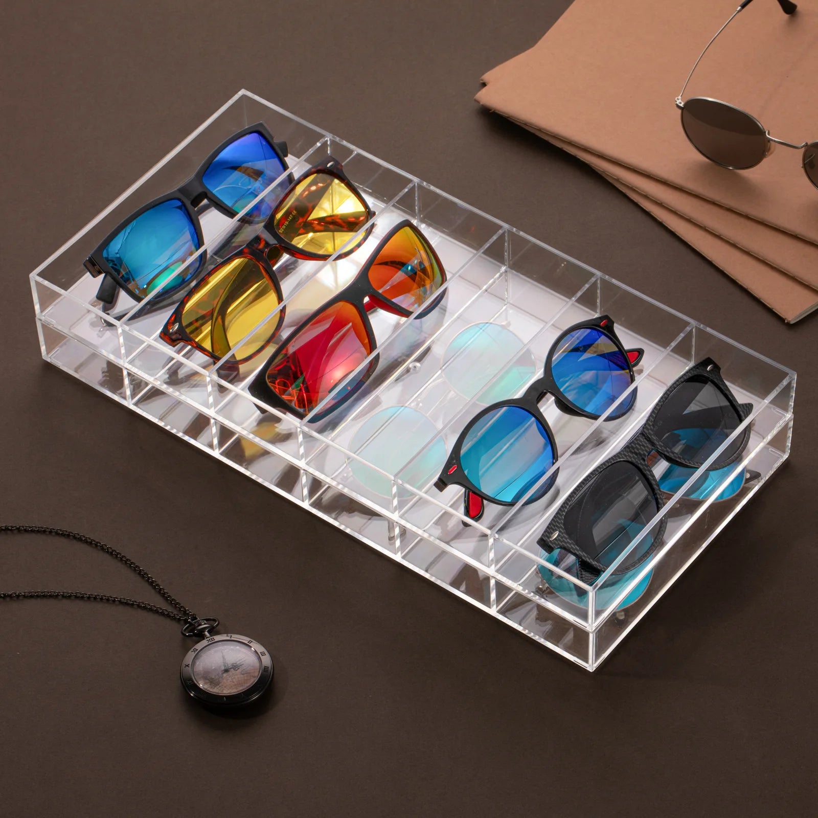 2 Pack Acrylic Sunglass Organizer, 6 Slot Eye Glasses Storage Holder Display Racks Stackable Eyewear Drawer Organizer Tray
