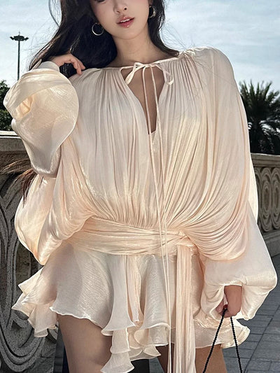GALCAUR Solid Loose Splicd Lace Up Dresses For Women V Neck Long Sleeves Patchwork Ruffles Tunic Dreses Female Fashio New - Smarsty