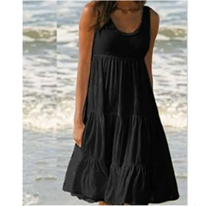Bohemian Women's Casual O Neck Sleeveless Ruffle Mini Dress Solid Color Beach Tank Top Oversized Loose Dress Plus Size Women3029 - Smarsty