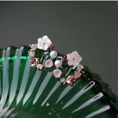 Pink Crystal Butterfly Pearl Stud Earrings For Women - Smarsty