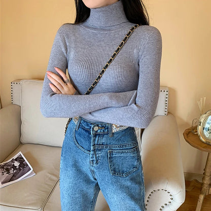 2025 Autumn Winter Women Long Sleeve Knitted Foldover Turtleneck Ribbed Pull Sweater Soft Warm Femme Jumper Pullover Clothes - Smarsty
