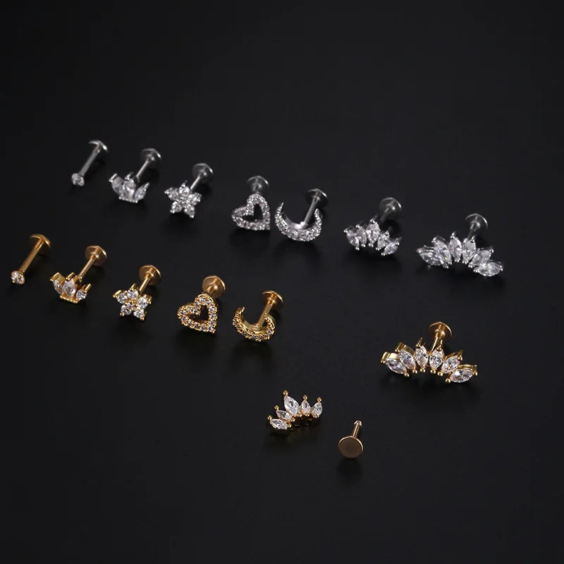 Heart Flower Cartilage Earrings Stainless Steel Zircon - Smarsty