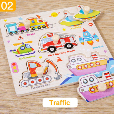 Wooden Puzzle Montessori Toys for Kids Cartoon Animal Traffic Hand Grab Boards Early Learning Educational Toys for Children - Smarsty
