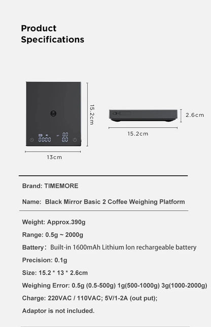 Timemore Basic 2 Black Mirror Coffee Scale with Auto Timer - Smarsty