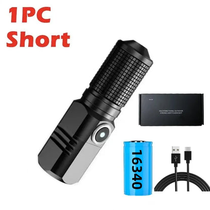 Mini Flashlight XHP50 LED USB C Rechargeable 16340 18650 Battery Flashlight 1500lm Powerful Torch Can Be Closed with One Click