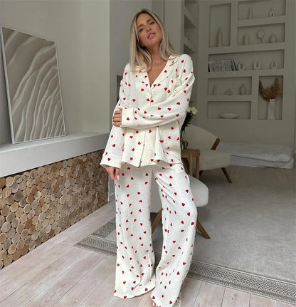Summer New Love Heart Print Pyjama 100% Cotton Long Sleeve Set 2Pcs Outfit Lapel Sleepwear Button Down Women's Pajamas Nightwear - Smarsty