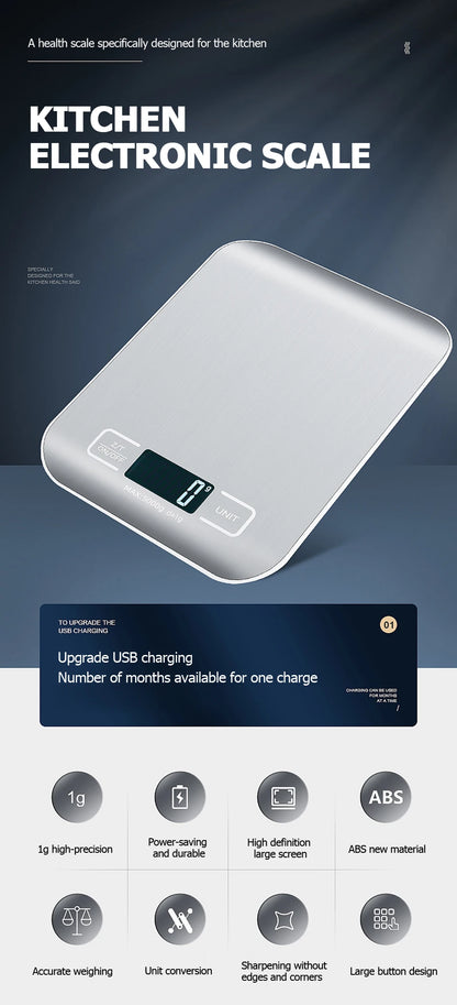 Rechargeable Kitchen Scale with LCD Display Stainless Steel Design - Smarsty