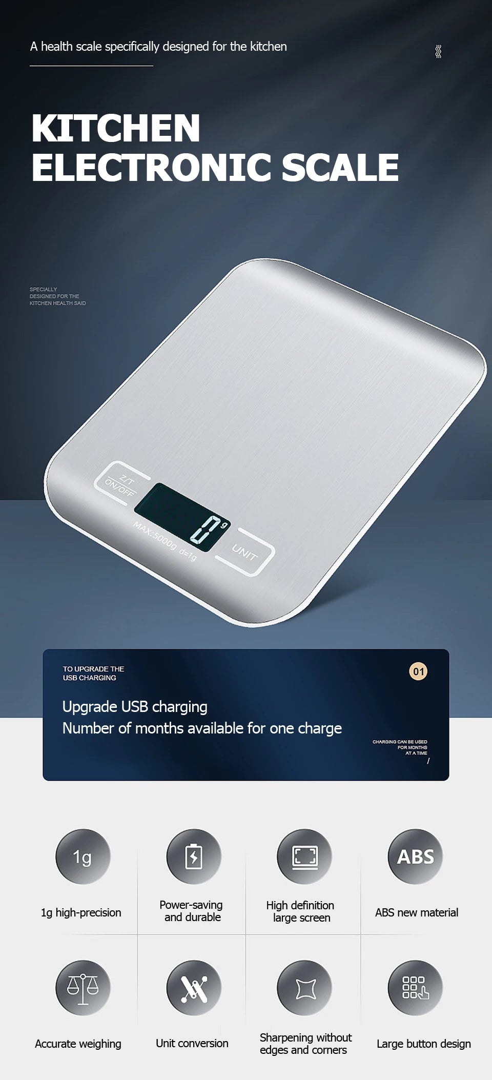 Rechargeable Kitchen Scale with LCD Display Stainless Steel Design - Smarsty