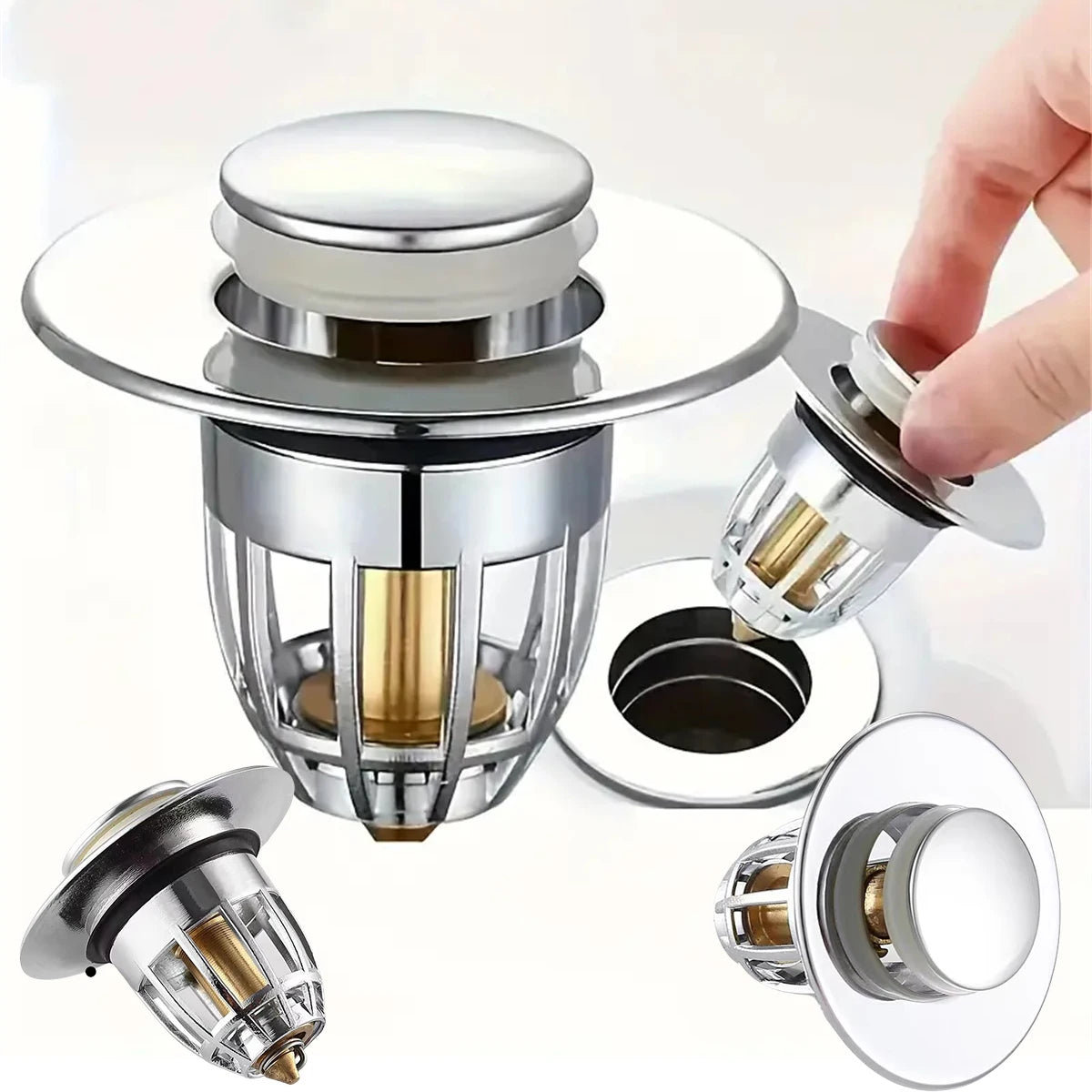 Universal Rebound Drain Plug Filter Basin Pop-up Chrome Sink Filter with Hair Catcher Bathroom Sink Drain Stopper Easy Push Type - Smarsty