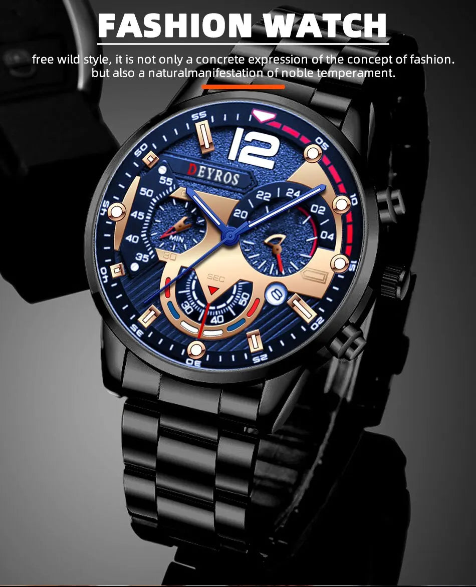 Luxury Mens Stainless Steel Quartz Watch with Calendar - Smarsty
